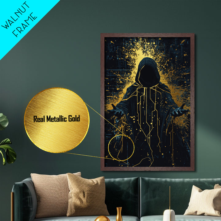 Hooded Cyber Mage Metallic Gold Art Metal Art, Futuristic Spooky Halloween Gothic Wall Art Framed in Solid Wood