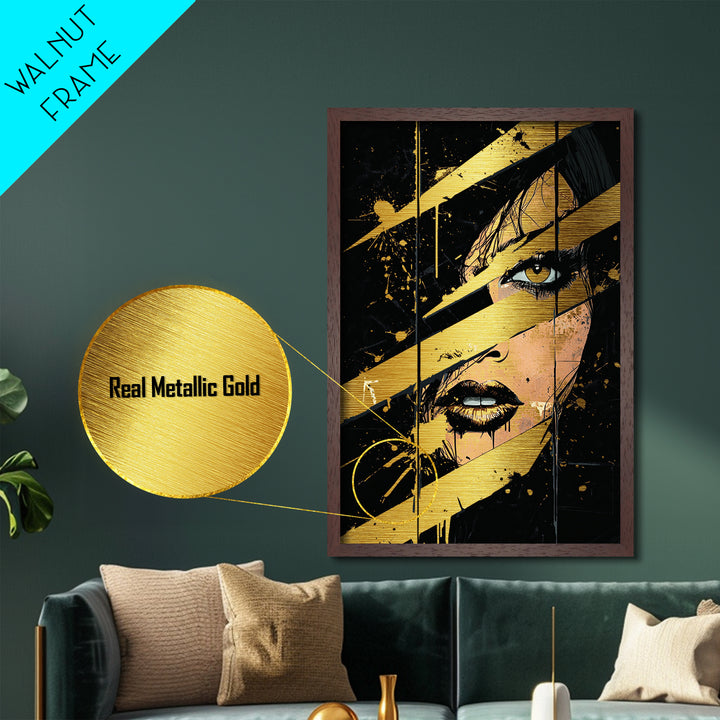 Creepy Woman’s Gaze with Claw Marks, Halloween Metallic Gold Art Metal Art, Spooky Wall Hanging in Real Wood Framed Design