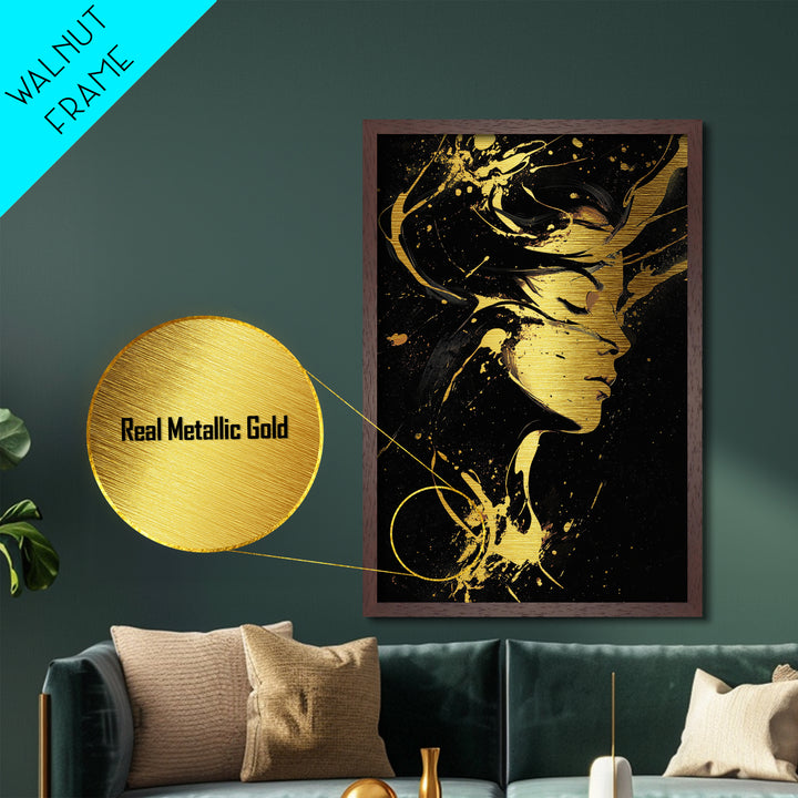 Haunted Woman in Golden Swirls, Halloween Metallic Gold Art Metal Art, Gothic Spooky Season Wall Hanging with Real Wood Frame
