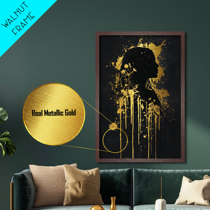 Silhouette with Flowers, Gothic Metallic Gold Art Metal Art for Halloween Wall Decor, Spooky Season Portrait in Real Wood Frame