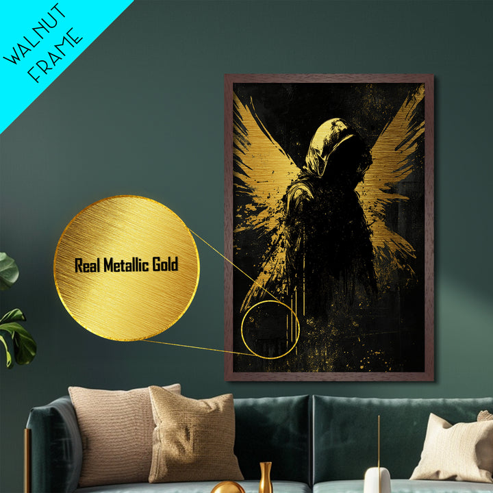 Shadowy Winged Figure, Gothic Metallic Gold Art Metal Art for Haunted Wall Decor, Halloween Spooky Artwork in Real Wood Frame