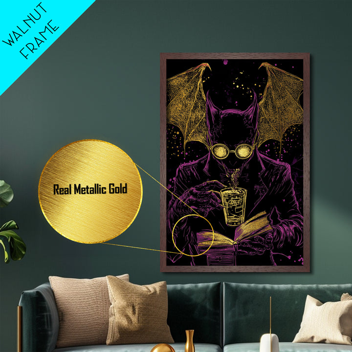 Bat Demon in Suit with Book – Metallic Gold Art, Spooky Vampire Metal Art with Real Wood Frame, Halloween Gothic Wall Decor