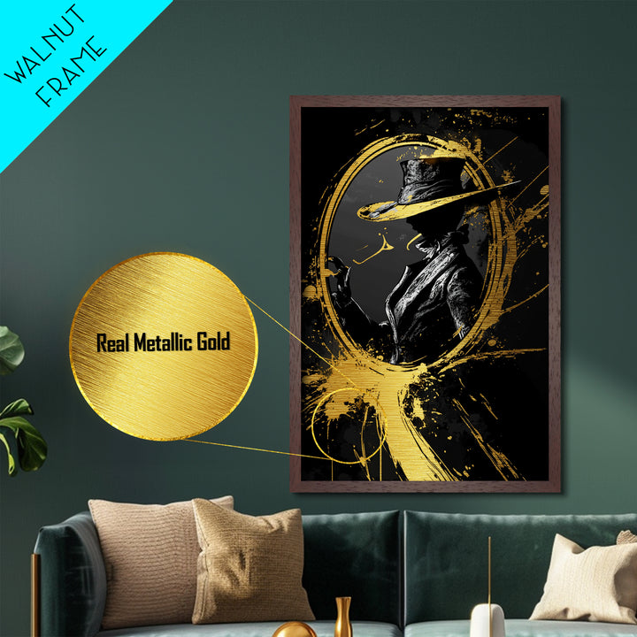 Haunted Hat Silhouette in Oval Frame, Spooky Halloween Metallic Gold Art Metal Art, Gothic Wall Hanging with Real Wood Frame