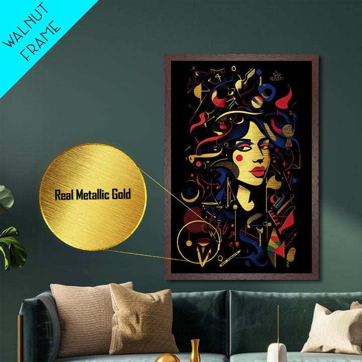 Haunted Witch Portrait Metallic Gold Art, Gothic Metal Art Wall Decor with Real Wood Frame, Spooky Halloween Home Accent