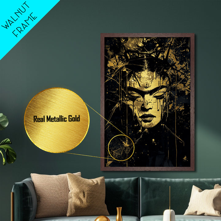 Dark Gothic Face with Crown, Horror Metallic Gold Art Metal Art, Framed Spooky Halloween Portrait in Authentic Wood Frame