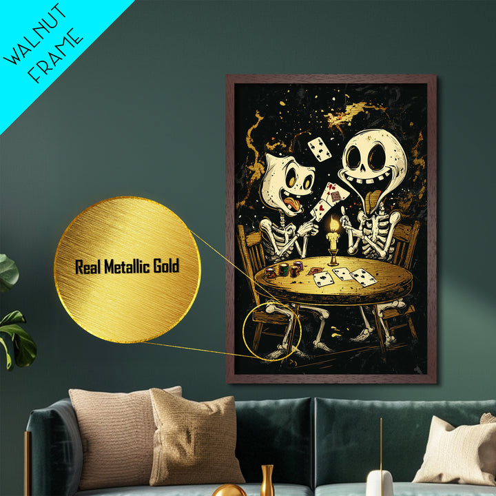 Eerie Shrouded Skeleton Holding Chess Piece, Metallic Gold Art, Spooky Gothic Metal Art Wall Hanging with Wood Frame