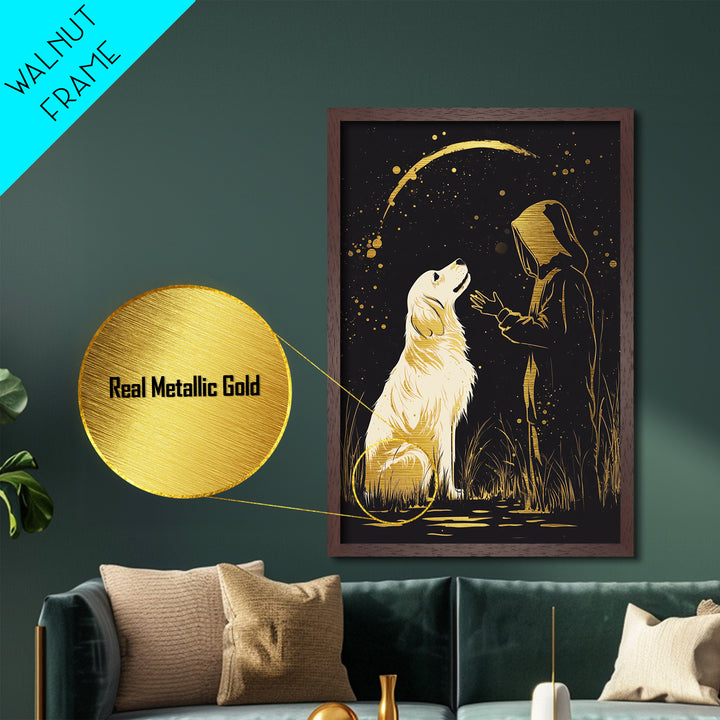Ghostly Figure in Splattered Gold, Metallic Gold Art Metal Art Print, Framed Halloween Horror Scene in Natural Wood Frame