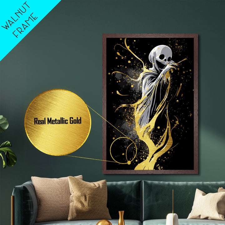 Mystic Masked Woman with Feathers, Gothic Metallic Gold Art, Spooky Season Metal Art Print Framed in Authentic Wood