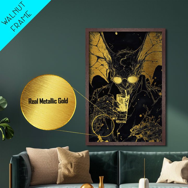 Gold Splatter Demon with Drink – Metallic Gold Art, Halloween Horror Metal Art in Real Wood Frame, Gothic Vampire Wall Print