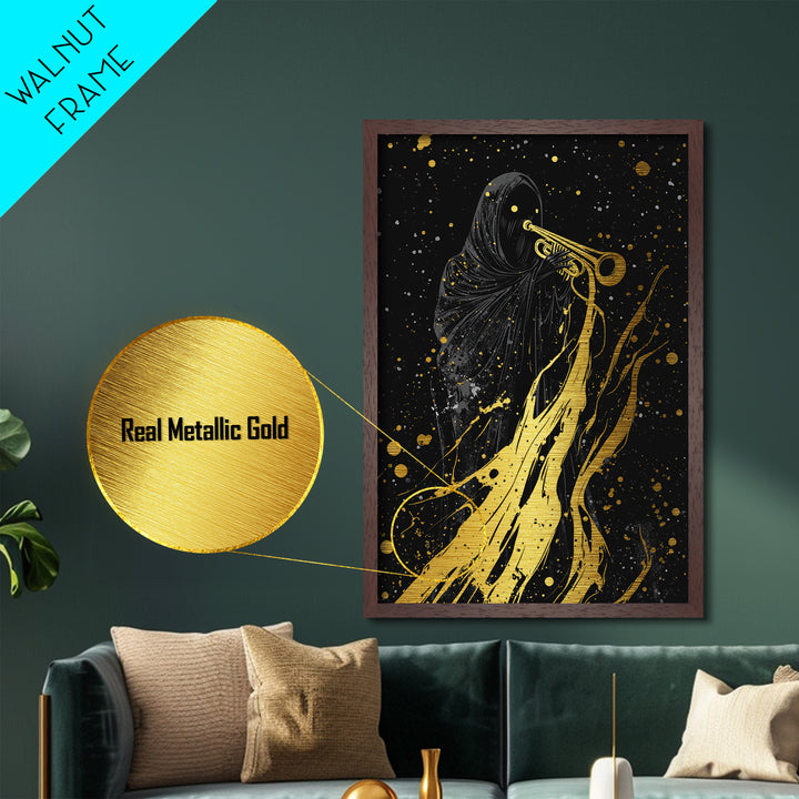 Reaper with Trumpet Metallic Gold Art Metal Art Spooky Halloween Gothic Wall Art in solid real wood frame horror wall décor