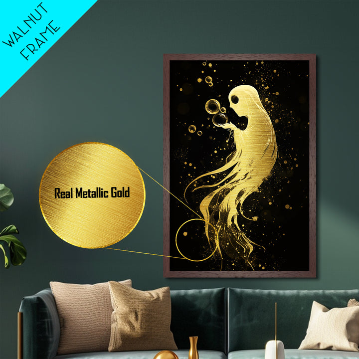 Floating Spirit with Bubbles Metallic Gold Art Metal Art Halloween Spooky Season Décor framed in authentic real wood wall art