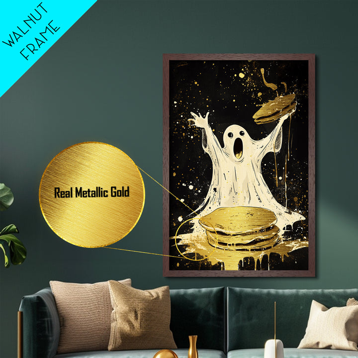 Ghost Pancake Breakfast Metallic Gold Art Metal Art Spooky Halloween Wall Décor framed in natural real wood playful haunted art