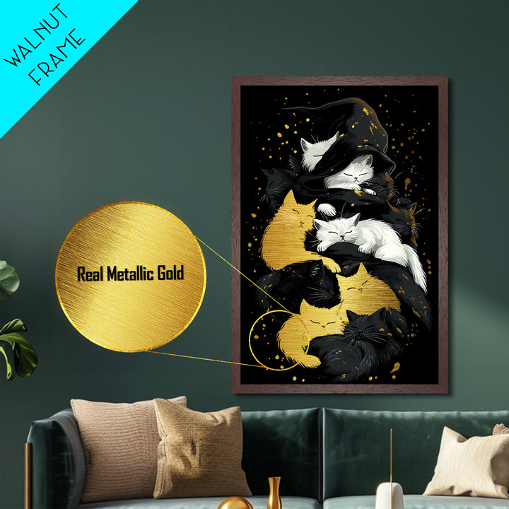 Witchy Cats Nap Metallic Gold Art Metal Art Halloween Gothic Feline Spooky Wall Decor framed with handcrafted real wood frame