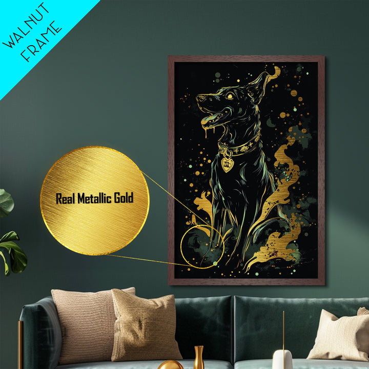 Black Dog Guardian Metallic Gold Art Metal Art Spooky Halloween Gothic Horror Décor framed in natural real wood haunted artwork