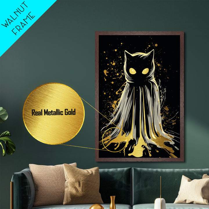 Haunted Cat Cloaked In Shadows Metallic Gold Art Metal Art | Spooky Halloween Wall Decor Framed In Natural Real Wood