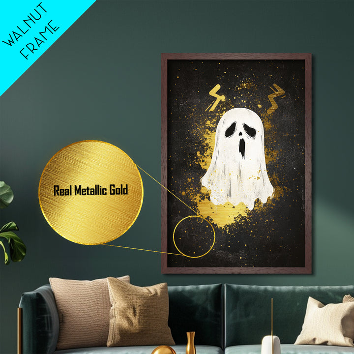 Ghostly Scream Metallic Gold Art Metal Art | Horror Halloween Wall Art With Real Wood Frame Gothic Haunted Decor