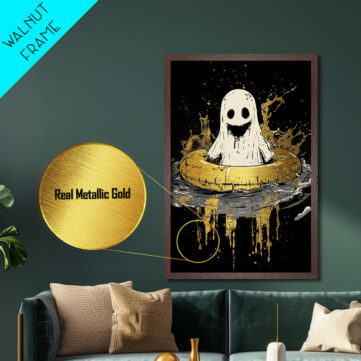Smiling Ghost In Inner Tube Metallic Gold Art Metal Art | Creepy Cute Halloween Artwork Framed In Handcrafted Wood