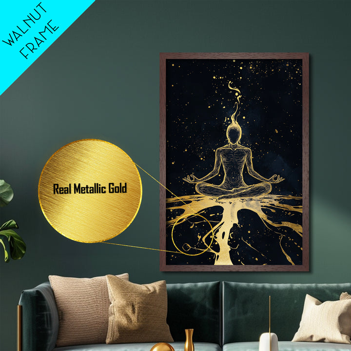 Mystical Meditation Figure Metallic Gold Art Metal Art | Spooky Season Witchy Decor In Real Wood Frame Cosmic Gothic