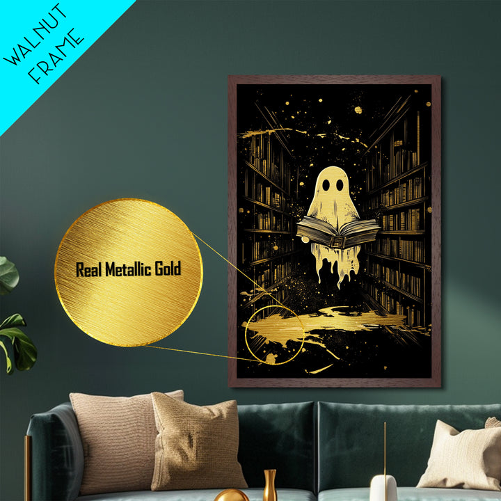 Ghost Reading In Haunted Library Metallic Gold Art Metal Art | Spooky Bookish Wall Art Framed In Solid Natural Wood