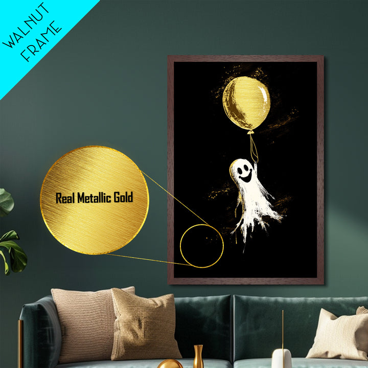 Playful Ghost With Balloon Metallic Gold Art Metal Art | Whimsical Spooky Season Halloween Artwork Real Wood Frame