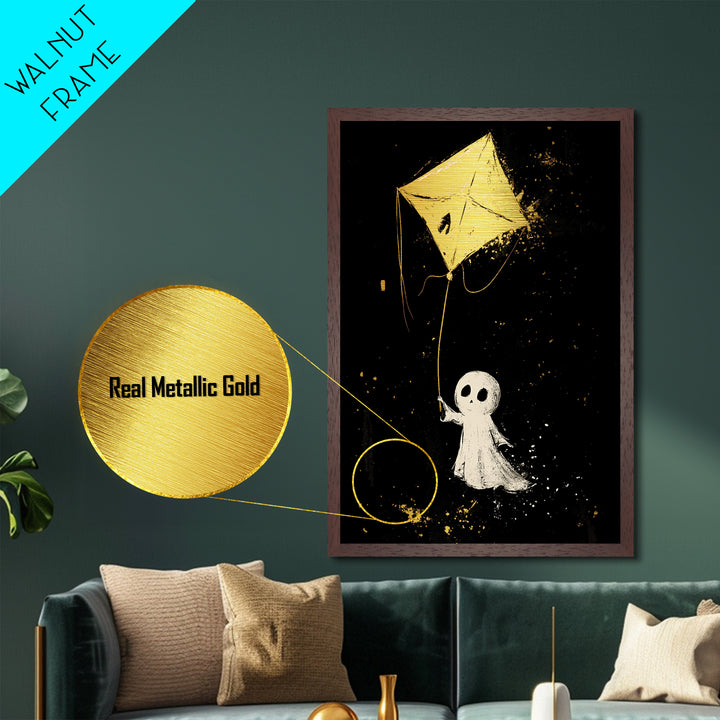 Sweet Ghost Flying A Kite Metallic Gold Art Metal Art | Cute Haunted Halloween Wall Art Framed In Rustic Real Wood