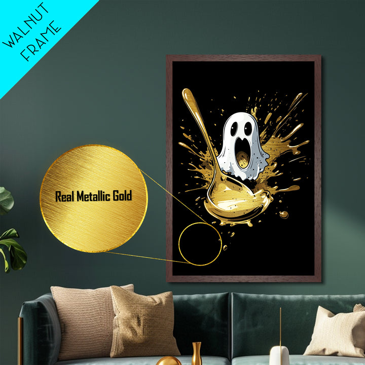 Spooky Ghost And Golden Spoon Metallic Gold Art Metal Art | Creepy Halloween Kitchen Wall Decor Framed In Real Wood