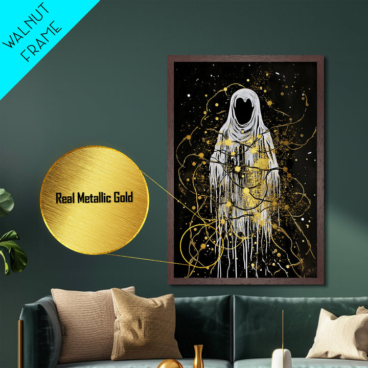 Haunted Spirit Wrapped In Lights Metallic Gold Art Metal Art | Gothic Spooky Season Wall Decor Real Wood Frame Finish