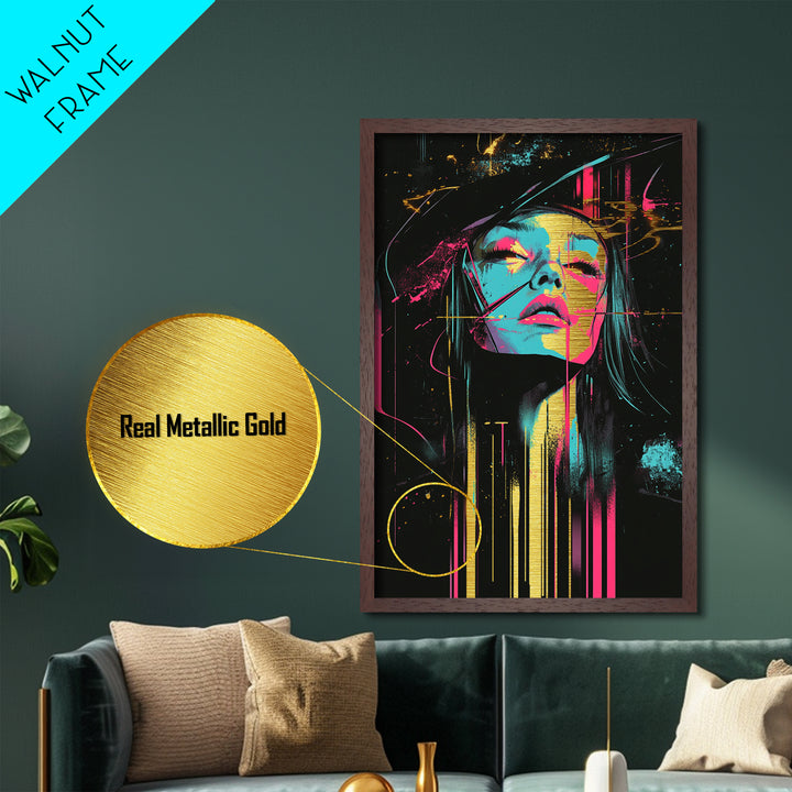 Neon Witch Portrait with Abstract Lines – Metallic Gold Art, Halloween Metal Art in Real Wood Frame, Psychedelic Spooky Decor