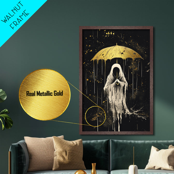 Ghostly Figure With Umbrella Metallic Gold Art Metal Art | Dark Creepy Halloween Wall Art Framed In Authentic Wood
