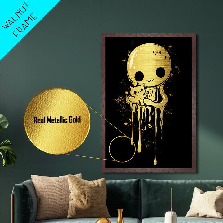 Haunted Cute Ghost Cat Metallic Gold Art, Spooky Halloween Metal Art With Natural Wood Frame, Creepy Cute Goth Home Decor