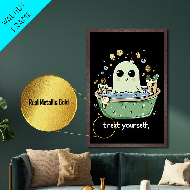 Witchy Ghost Spa Metallic Gold Art, Relaxing Bath Spooky Season Metal Art Framed In Real Wood, Funny Creepy Halloween Print