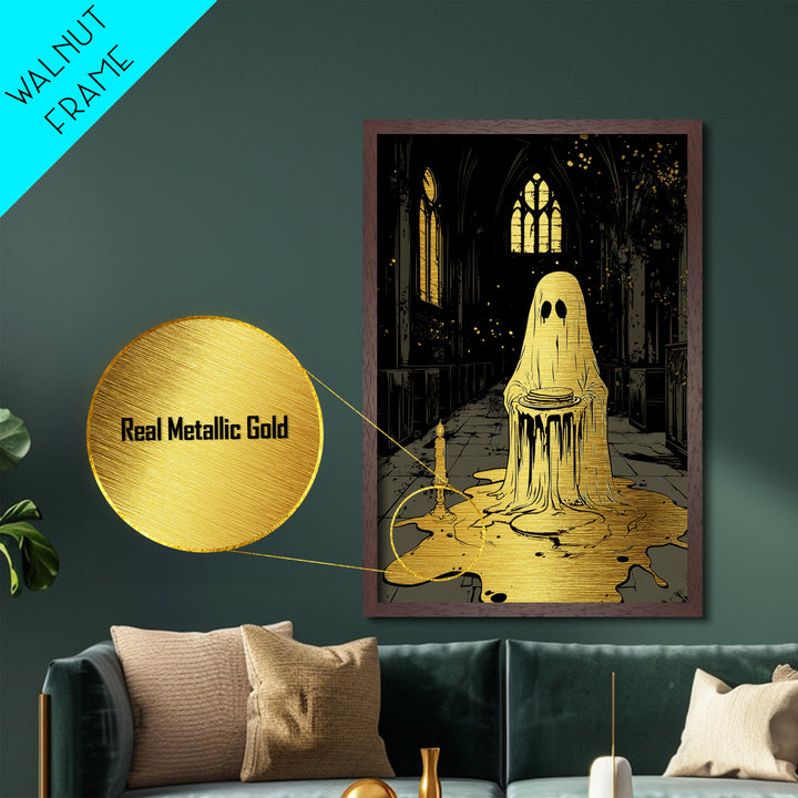 Ghost With Pancakes Metallic Gold Art, Creepy Haunted Cathedral Metal Art In Solid Wood Frame, Spooky Season Halloween Print