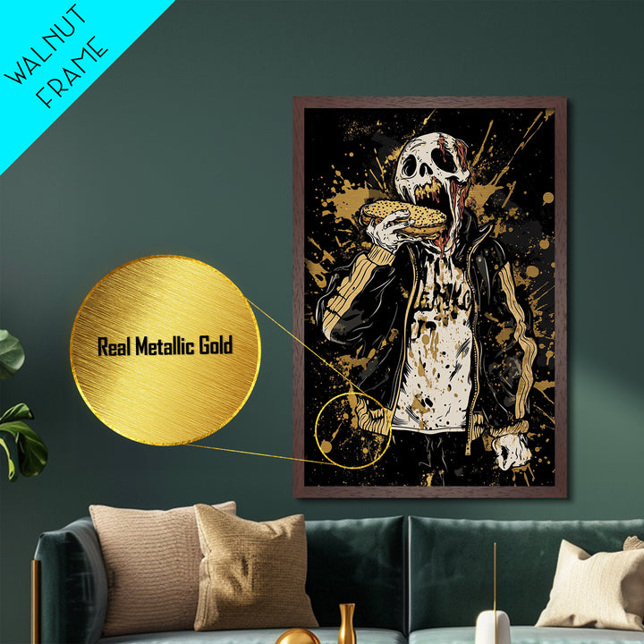 Zombie Eating Burger Metallic Gold Art, Creepy Spooky Halloween Metal Art With Real Wood Framing, Horror Goth Wall Decoration