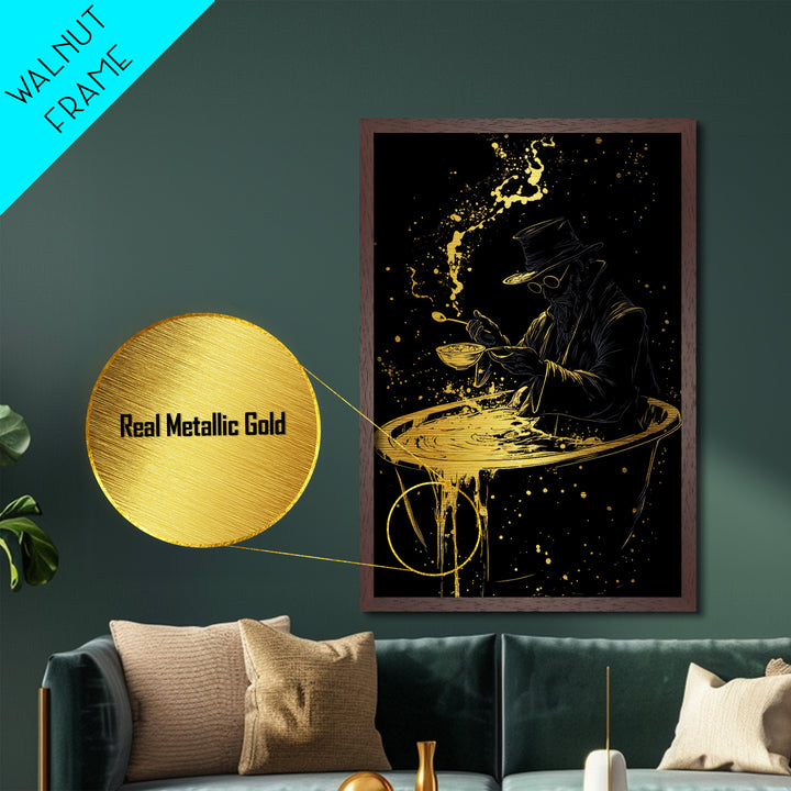 Haunted Alchemist Metallic Gold Art, Gothic Witchy Metal Art Framed In Natural Wood, Spooky Occult Halloween Wall Hanging