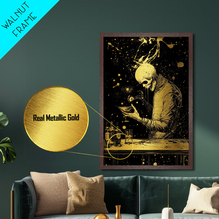 Skeleton Bartender Metallic Gold Art, Spooky Haunted Bar Metal Art With Real Wood Frame, Creepy Halloween Gothic Wall Decor