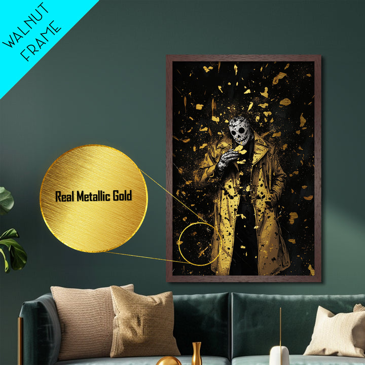 Masked Phantom Metallic Gold Art, Creepy Horror Metal Art Framed In Solid Wood, Spooky Haunted Season Halloween Wall Artwork