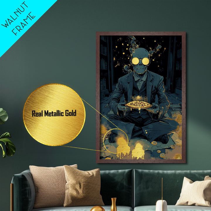 Skeleton Pizza Ritual Metallic Gold Art, Gothic Occult Spooky Season Metal Art In Real Wood Frame, Creepy Haunted Wall Print