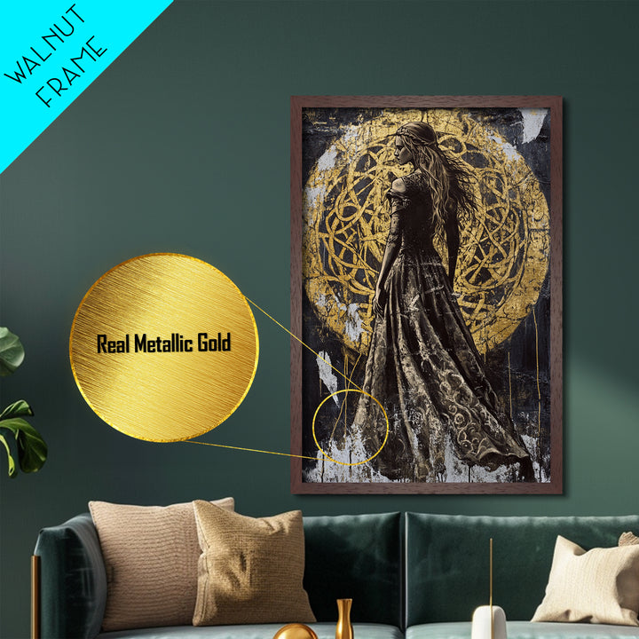 Dark Enchantress Metallic Gold Art, Gothic Halloween Metal Art Wall Hanging, Witchy Painting in Solid Wood Frame