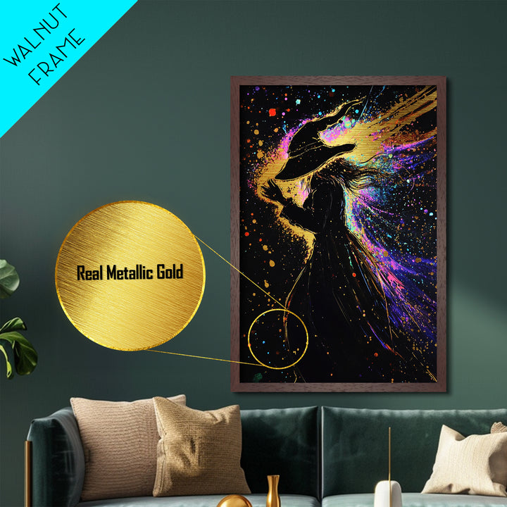 Witch Silhouette Metallic Gold Art, Spooky Season Metal Art Wall Decor, Gothic Painting Framed in Real Wood