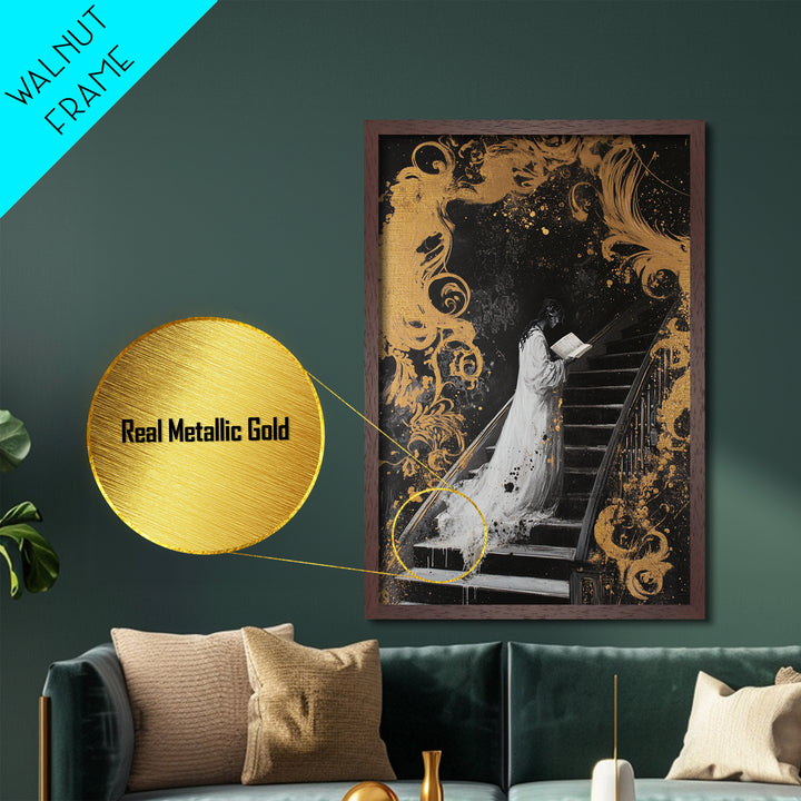 Ghostly Woman On Staircase Metallic Gold Art Metal Art Gothic Haunted Mansion Style Framed In Real Wood