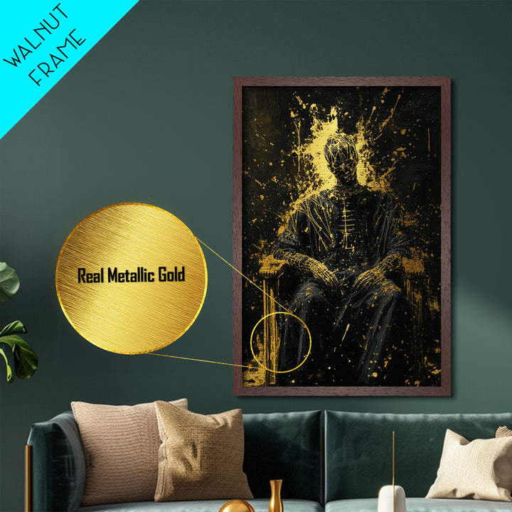 Abstract Haunted Figure On Throne Metallic Gold Art Metal Art Spooky Gothic Drip Painting With Real Wood Frame