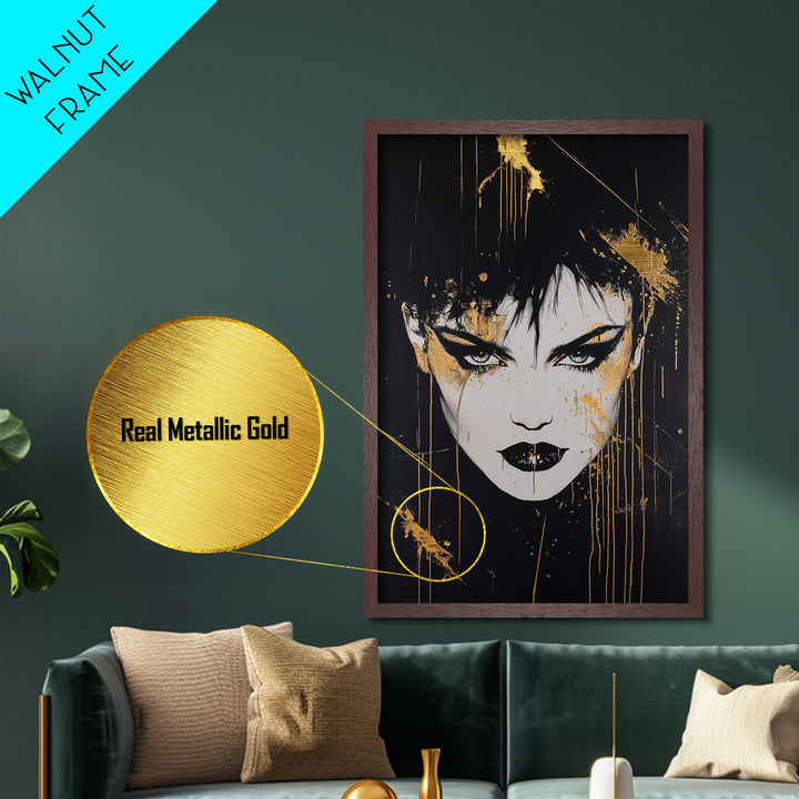 Gothic Vampire Portrait Metallic Gold Art Metal Art Halloween Spooky Season Wall Decor Framed In Real Wood