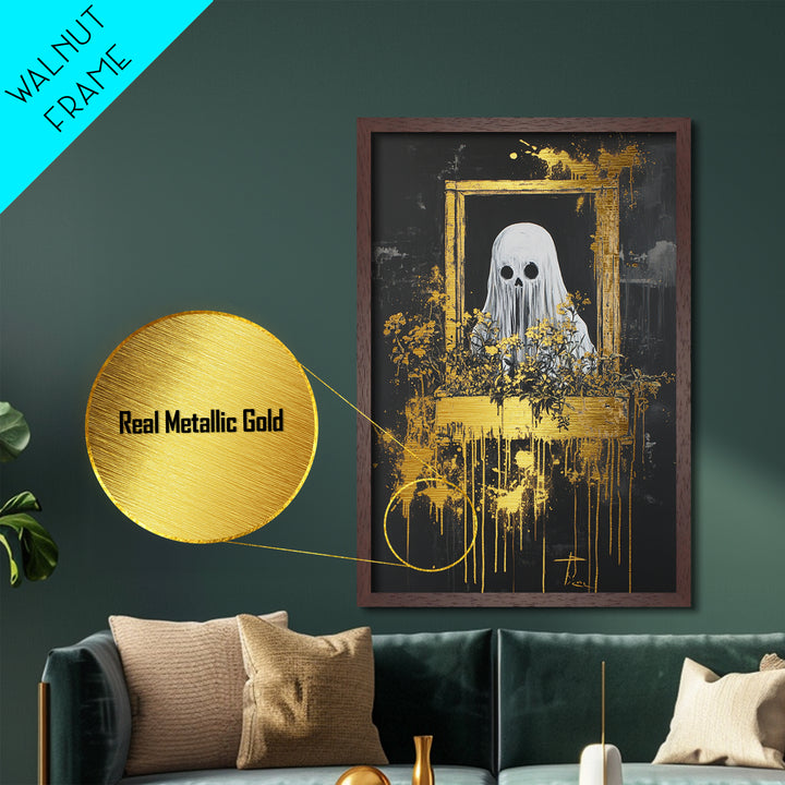 Ghostly Window Spirit Metallic Gold Art Metal Art | Creepy Halloween Gothic Décor Framed in Real Wood for Spooky Season