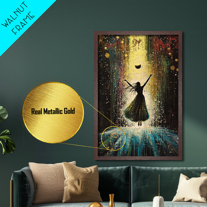 Mystical Witchy Silhouette Metallic Gold Art Metal Art | Enchanted Spooky Season Wall Hanging with Real Wood Frame
