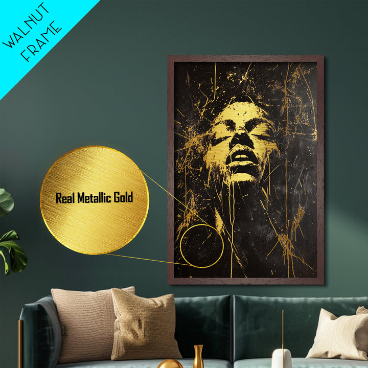 Golden Spirit Face Metallic Gold Art Metal Art | Horror Inspired Gothic Halloween Portrait in a Handcrafted Wood Frame
