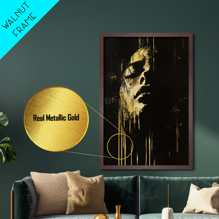 Shadowed Face Metallic Gold Art Metal Art | Dark Spooky Gothic Halloween Portrait Art with Natural Wood Frame Accent