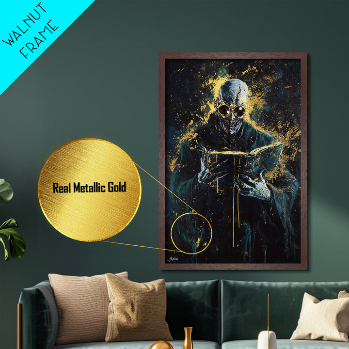 Haunted Spirit Metallic Gold Art Metal Art, Spooky Gothic Wall Decor with Natural Wood Frame for Halloween Horror Lovers