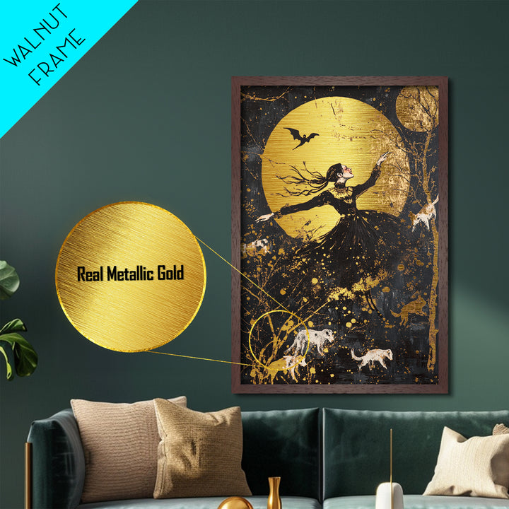 Moonlit Witch Dance Metallic Gold Art Metal Art | Gothic Spooky Halloween Wall Décor with Wolves Framed in Real Wood