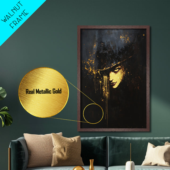 Gothic Shadow Portrait Metallic Gold Art Metal Art | Creepy Haunted Halloween Wall Décor Framed In Real Wood For Spooky Season