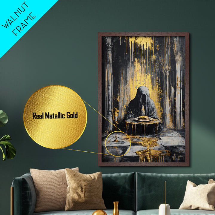 Haunted Cloaked Figure Metallic Gold Art Metal Art | Gothic Halloween Wall Décor With Pancakes | Spooky Horror Painting Framed In Wood